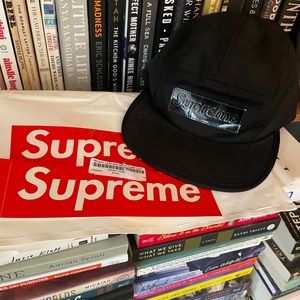 Supreme Black Patent Leather Patch Nylon Camp Hat Baseball Cap Never Worn